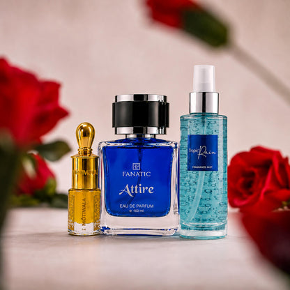 Combo (Attire Perfume + Tropic Rain Mist + Musk Cetim Attar) Fragrance