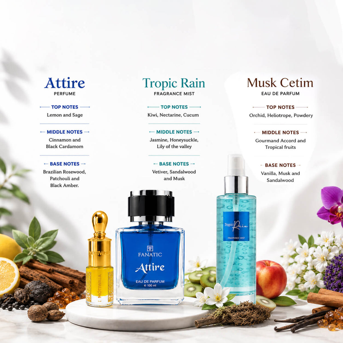 Combo (Attire Perfume + Tropic Rain Mist + Musk Cetim Attar) Fragrance